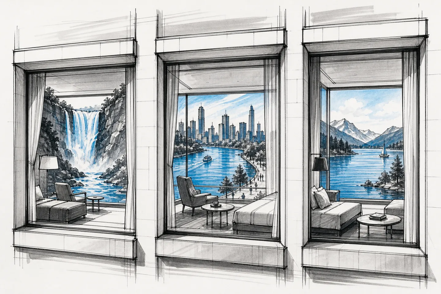 Where the window matters most: falls, river and lake rooms